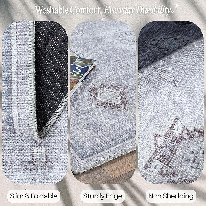 Fame Rugs Turkish Rug. Washable Vintage Oriental Antique Inspired Traditional Doormat Small Modern Area Rugs Luxury Entryway Entry Bedroom Bathroom Kitchen (393VG, 2'5 x 13'1)