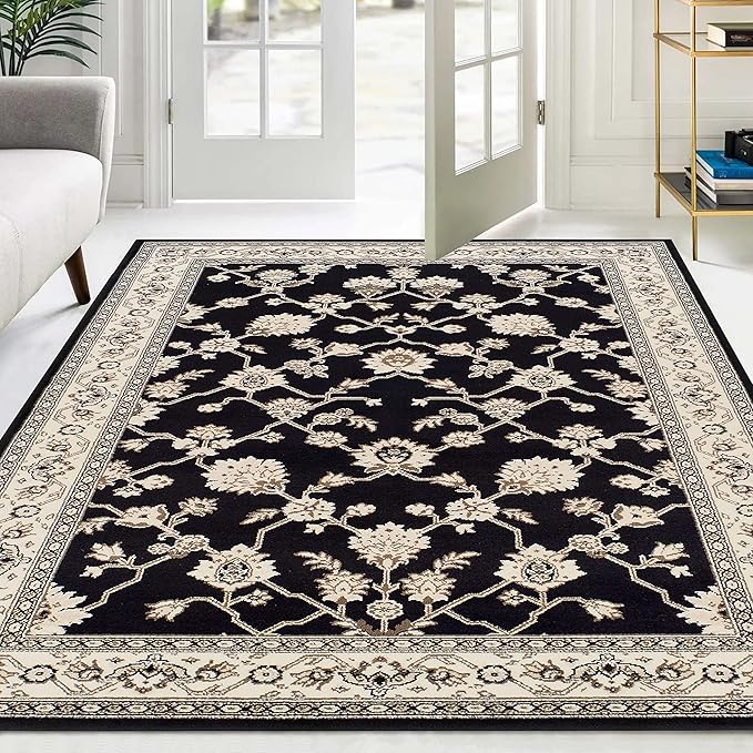 Superior Elegant Kingfield Collection Area Rug, 8mm Pile Height with Jute Backing, Classic Bordered Rug Design, Anti-Static, Water-Repellent Rugs, 5' x 8', Black