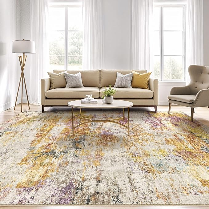 6x9 Area Rugs Living Room: Washable Large Abstract Modern Soft Stain Resistant Indoor Floor Rugs Non Slip Accent Carpet for Bedroom Nursery Playroom Office Dining Room Dorm Home House- Gold Colorful