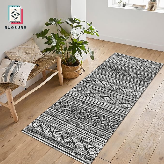 RUGSURE Washable Area Rugs 2'6'' x 8' - 1/6 Thick - Moroccan-Inspired -Stain & Water Resistant Non-Slip - Resistant Rug for Living Room, Bedroom, Nursery, Pet & Child Friendly (Black)