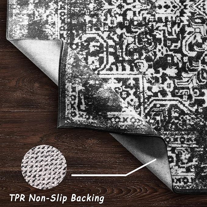 vivorug 5x7 Area Rugs, Stain Resistant Washable Rug for Living Room, Vintage-Inspired Black and White Rug