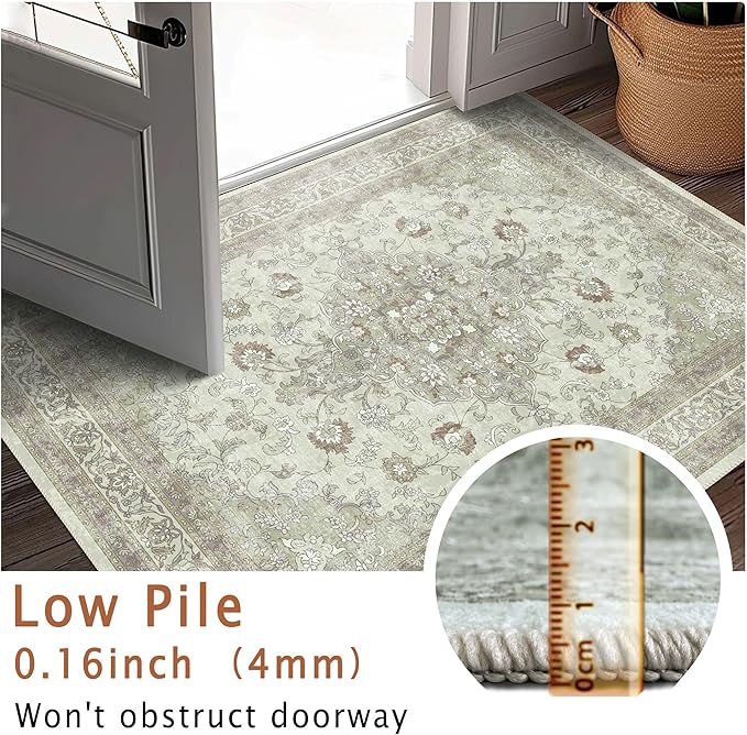 vivorug 4x6 Rug, Small Area Rug for Living Room, Bedroom, Kitchen, Machine Washable Non-Slip Throw Rug, Vintage Floral Carpet for Entryway Nursery Coffee Table - Durable (Sage Green)