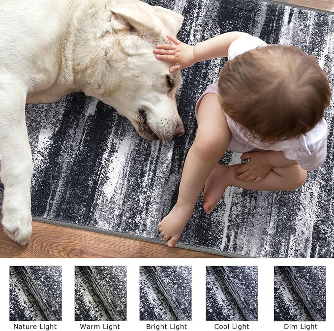 Modern Abstract Hallway Runner Rug, Black Grey Washable Entryway Runner Non-Slip Soft 2x8 Runner Rug Thin Print Faux Wool Carpet for Kitchen Bedroom Laundry Room Indoor Home Decor