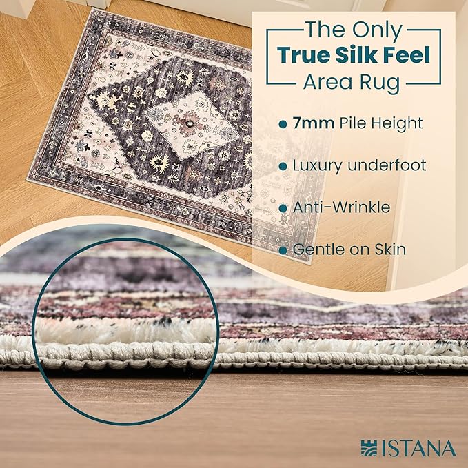 Istana 2x3 Rug - Dark Grey Blue/Rose Mauve Bedroom Rug - Kid & Pet Friendly 2x3 Washable Rug Non Slip - Rubber Backed Rugs - Foldable Eco Friendly Materials for Small Rugs