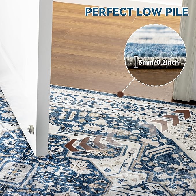EnHomee 5x7 Area Rugs Washable for Bedroom, Boho Vintage Rugs, Foldable Area Rug for Dining Room, Non-Slip Soft Living Room Rug, Low Pile Large Carpet for Bathroom, Colorful Print, Blue and White