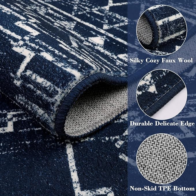 Wonnitar Moroccan 8x10 Rug Living Room Area Rugs, Washable Blue Bedroom Rug, Non-Slip Large Soft Non-Shedding Ultra-Thin Farmhouse Boho Throw Carpet for Dining Table Office Mudroom (Blue,8'x10')