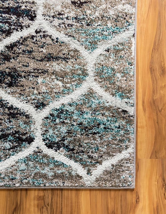 Rugs.com Lattice Frieze Collection Rug – 5' Square Blue Multi Medium Rug Perfect for Living Rooms, Kitchens, Entryways