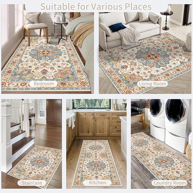 Enkor Runner Rugs for Hallway, 2.6x8 Washable Soft Non Slip Floor Rugs for Kitchen, Modern Mat for Living Room Bedroom Entryway Orange & Beige