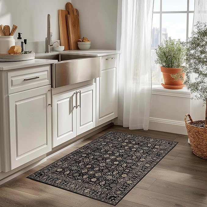 Area Rug Non Slip Machine Washable Ultra Soft Living Room/Bedroom/Kitchen/Outdoor/Classroom Black Gold, 2'×3'