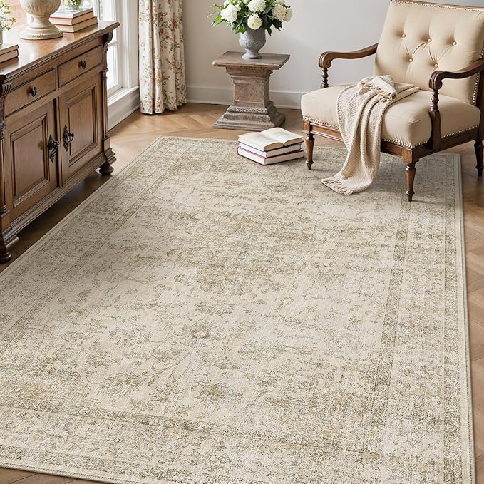 HUGEAR Retro Beige Area Rug 5x7 Machine Washable Living Room Rugs Distressed Vintage Floral Low Pile Carpet Bedroom Office Dining Room Laundry Room Non Slip Soft Lightweight