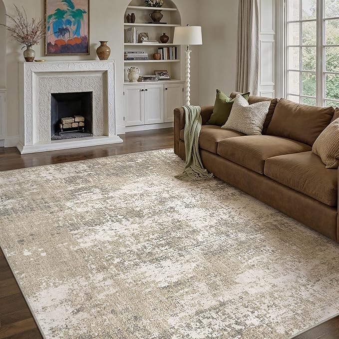 Beige Area Rug 8x10 Machine Washable Modern Abstract Living Room Carpet Non Slip Neutral Low Pile Soft Non Shedding Bedroom Contemporary Large Rug Indoor Office Dining Room Playroom