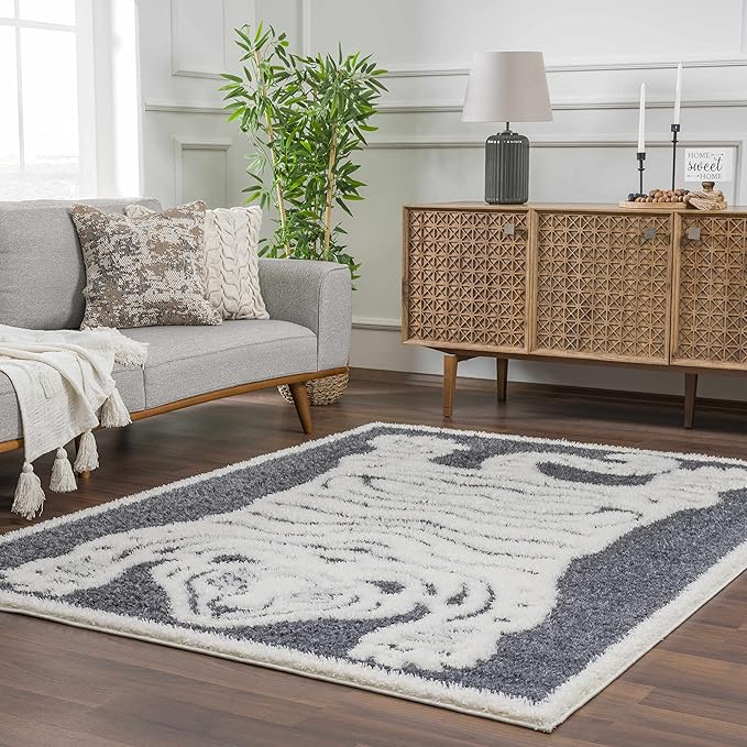 Hauteloom Tilos Moroccan Farmhouse Living Room Bedroom Nursery Shag Area Rug - Shaggy Carpet - Tiger Pattern - High Plush Pile - Dark Grey, Charcoal, Beige, Cream - 5'3" x 7'