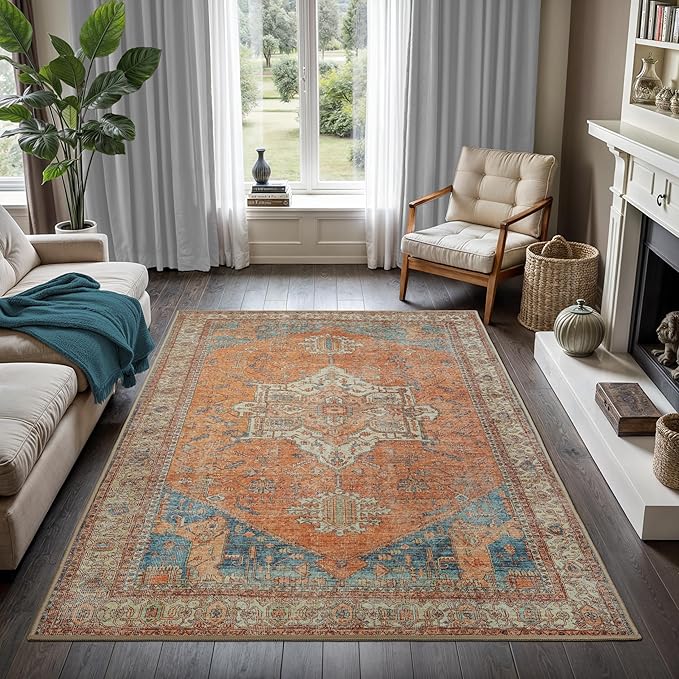 GLN Rugs Traditional Collection - Machine Washable Area Rug, Traditional Washable, Non Slip, Low Pile Chenille Rug, Living Room, Bedroom, Kitchen Rug (6' x 9' Terra/Multicolor)