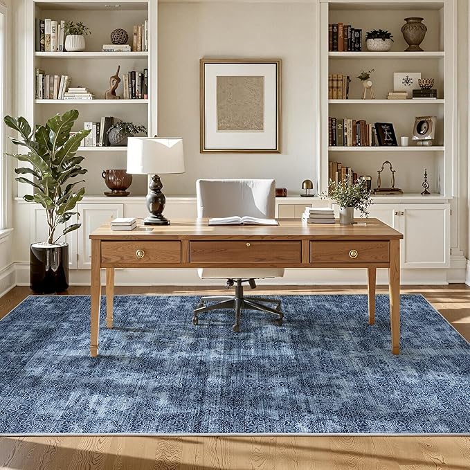 WITSHOCK 6x9 Area Rugs for Living Room: Machine Washable Non Slip Modern Abstract Carpet - Low Pile Print Rug for Bedroom Dining Room - Stain Resistant for Household - Pet Owners (Blue White)