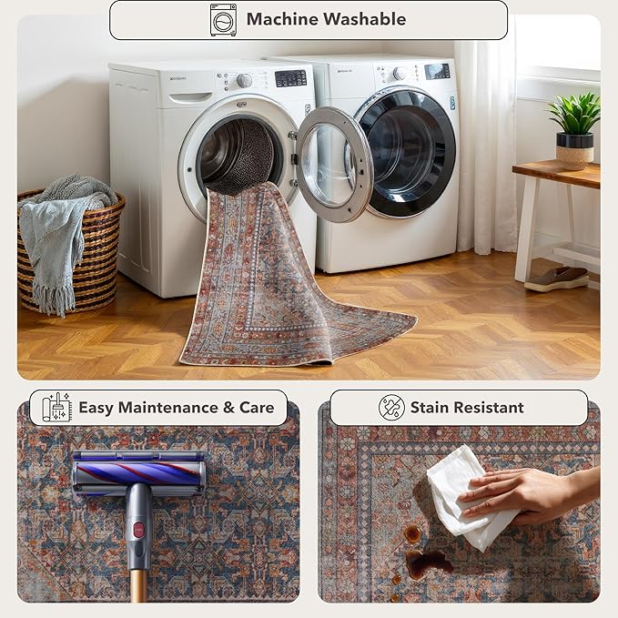 Kuden 5x7 Area Rug, Machine Washable Area Rug with Non-Slip Backing, Vintage Style, Soft, Easy Clean, Low Pile Rug for Living Room, Bedroom, Dining Room
