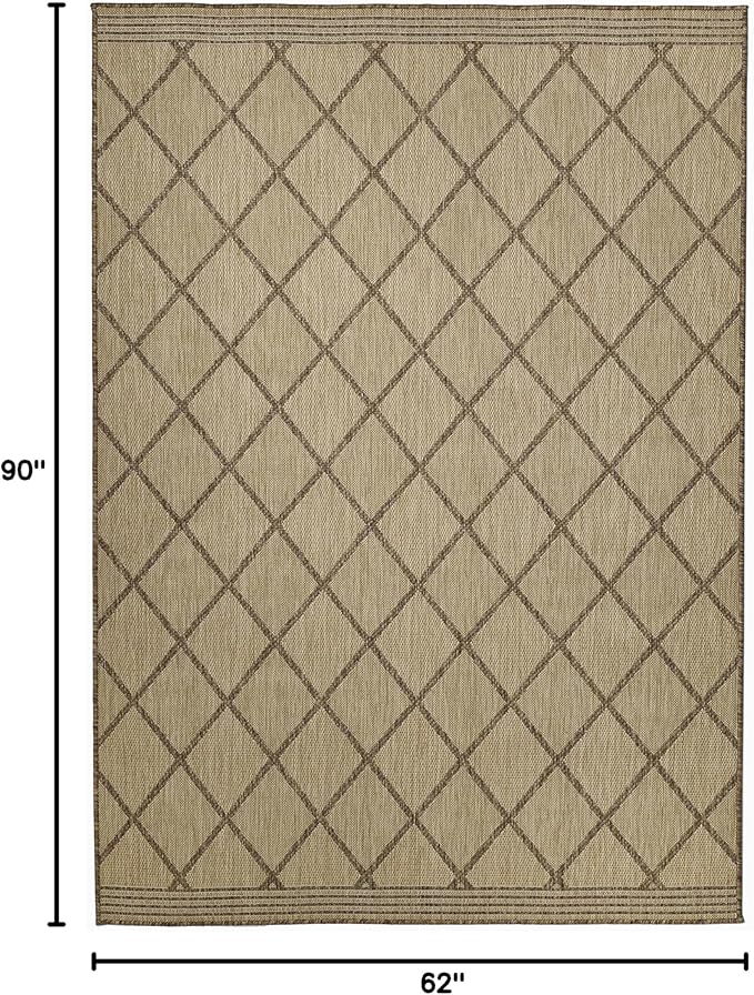 FH Home Flat Woven Outdoor Rug - Waterproof, Easy to Clean, Stain Resistant - Premium Polypropylene Yarn - Moroccan Geometric Lattice - Patio, Porch, Deck, Balcony - Tunis - Sand - 5ft 4in x 7ft 6in