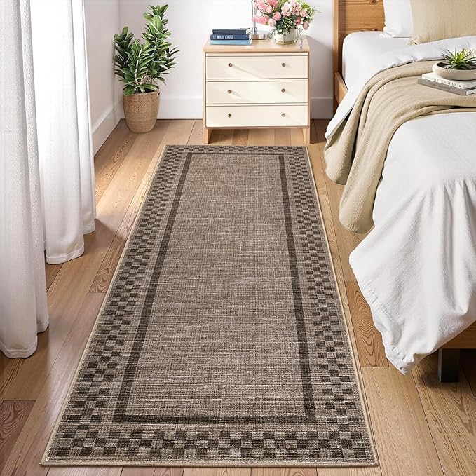 Washable Runner Rug 2x10 Modern Bordered Hallway Runner Rug Non Slip Kitchen Throw Carpet Checkered Bathroom Entryway Runner Rugs Low Pile Solid Area Rugs for Living Room Bedroom Nursery Sink, Brown