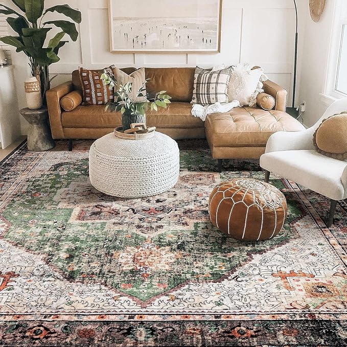8x10 Area Rug - Green Boho Washable Vintage Low Pile Non-Slip Large Rug for Living Room, Bedroom & Dining Room