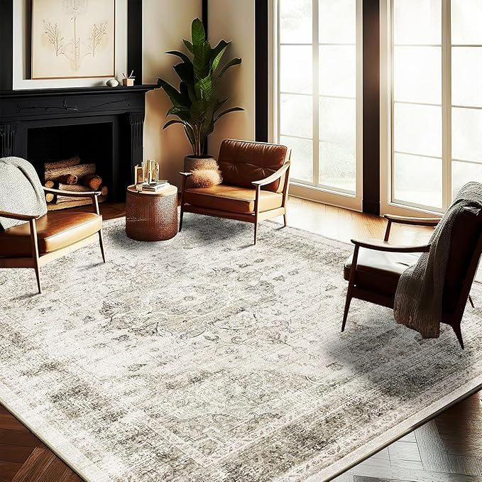 Washable Area Rug 10'x14' Floral Khaki Boho Design Non-Shedding Easy Care Ideal for High Traffic Areas in Living Room Bedroom Office Coffee Table Kitchen Large Carpet