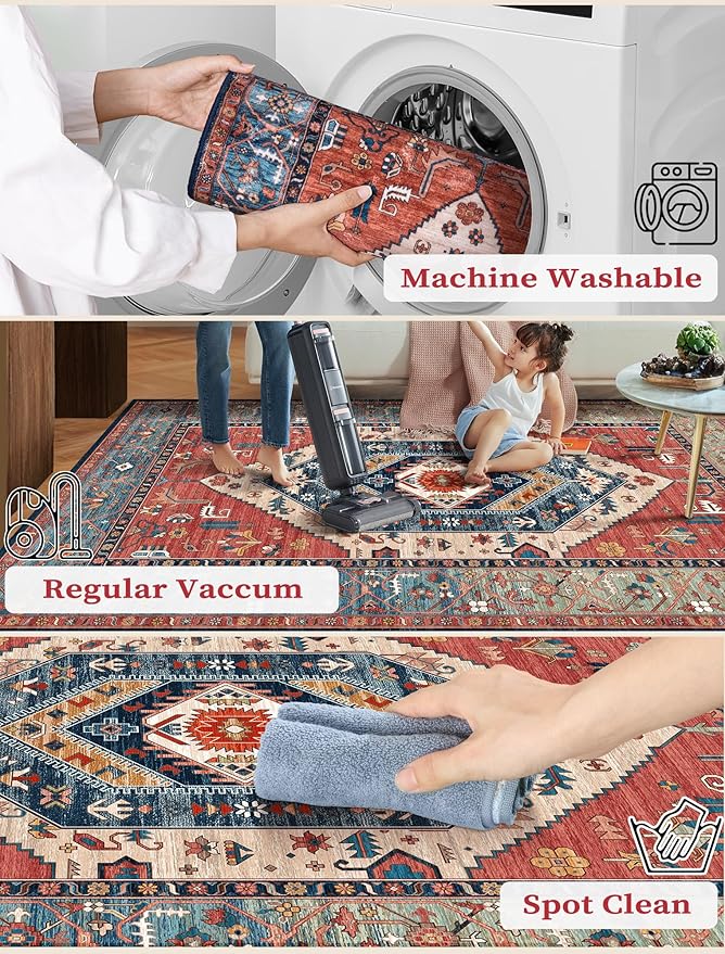 SERISSA Boho Kitchen Runner Rug, 3x7 Washable Non-Slip Runner Rug for Hallways Kitchen Rug, Ultra Soft Vintage Rust Print Distressed Tribal Floor Carpet Runner for Bedroom Entryway Laundry Room