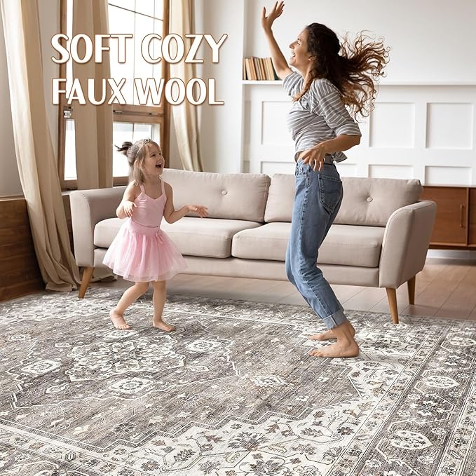 8x10 Area Rugs Living Room: Washable Boho Large Neutral Vintage Soft Rug Stain Resistant Farmhouse Non-Slip Indoor Rustic Floor Carpet for Bedroom Nursery Kids Playroom Office Dining Room- Dark Brown