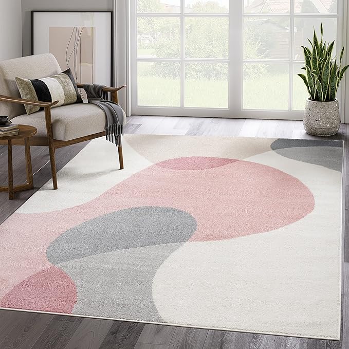 Abani Rugs Cream and Pink 5’3” x 7’6” (5'x8') Contemporary mid-Century Rug with Beige and Pink Geometric Circle. Minimalistic Design Rectangular Area Rug. Turkish Stain Resistant Area Rug.