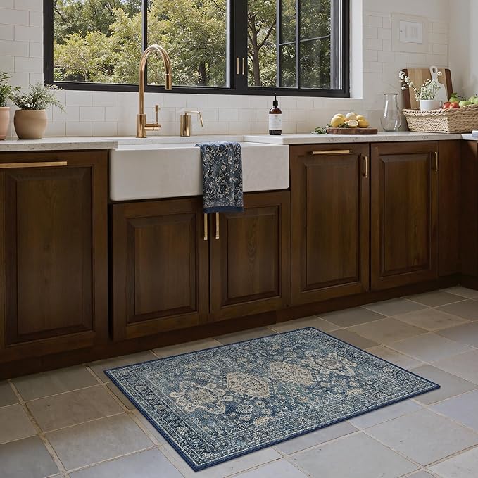 Bavni Washable Rug 2x4, Non Slip Small Runner for Entryway, Kitchen or Bathroom, Vintage Print Thin Low Pile Indoor Carpet, Blue