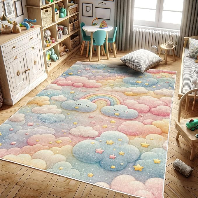 Ambesonne Cartoon Sky Decorative Rug, Dreamy Colors Celestial Atmosphere with Starry Kawaii Clouds Rainbow, Quality Carpet for Bedroom Dorm and Living Room, 4' X 5' 5", Blush Mustard Blue