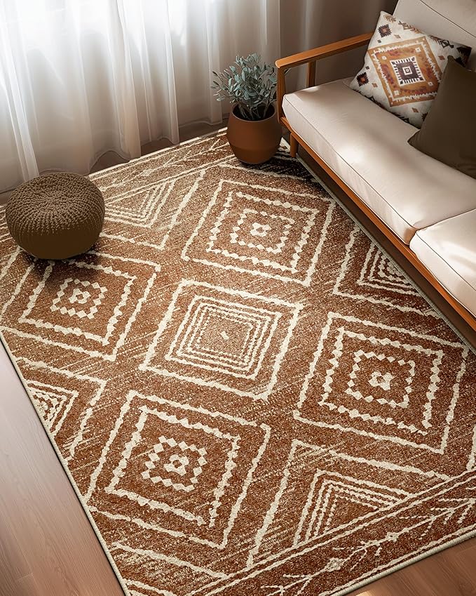 Area Rug 4x6 Rug Machine Washable Non-Slip Low Pile Print Pattern Western Rug for Living Room Bedroom Entryway Tribal Series -Yellowbrown/Cream