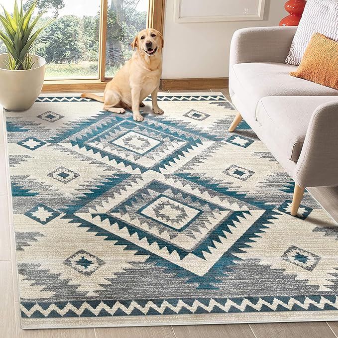 YHSF South West Native American Rug Ritz – Native Tribal American Indian Inspired Rug - Living Room, Bedroom, Hallway, Entryway & High-Traffic Area Rugs - Washable - Soft - Aqua, 5 Feet x 7 Feet