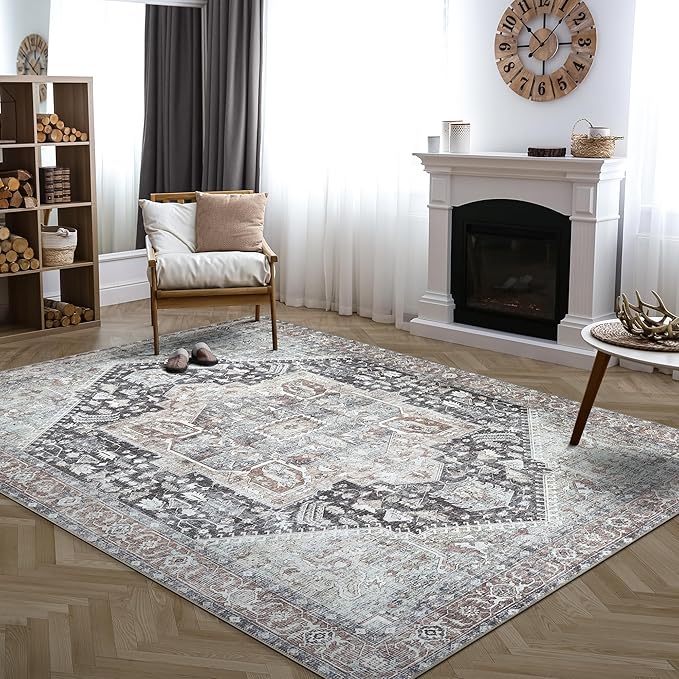 Bloom Rugs Washable Non-Slip 8' x 10' Rug - Charcoal/Brown Traditional Medallion Area Rug for Living Room, Bedroom, Dining Room, and Kitchen - Exact Size: 8' x 10'