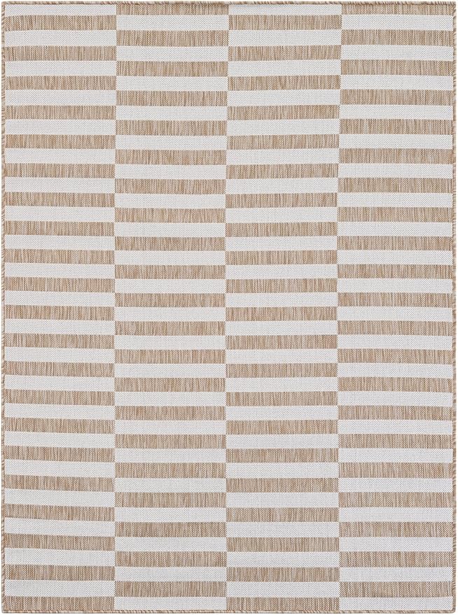 Unique Loom Outdoor Striped Collection Area Rug - Striped (5' x 7' Rectangle Taupe/Ivory)