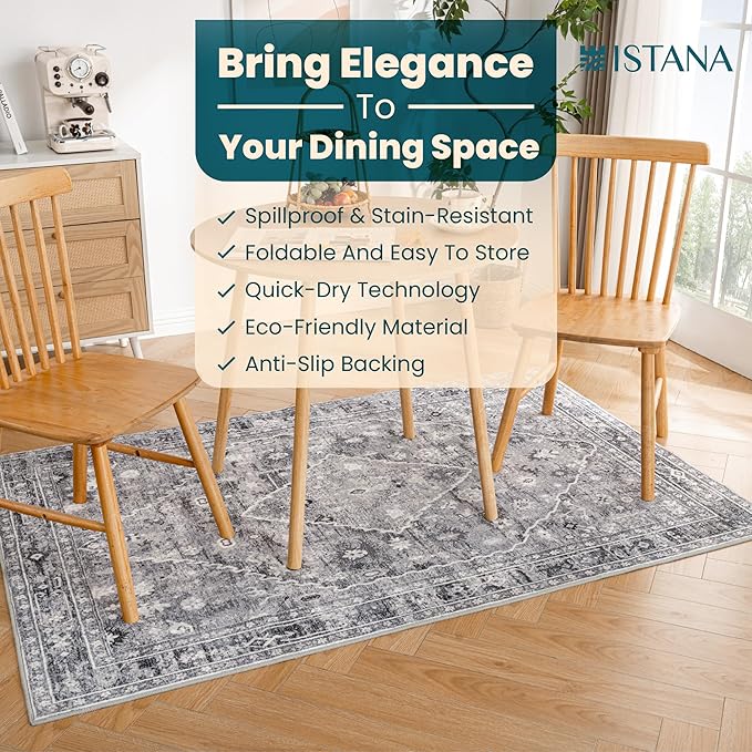 Istana 4x6 Area Rug - Grey Rugs for Living Room 4x6 - Foldable Rugs for Bedroom - Stain Resistant Washable Rug - Eco-Friendly Boho Area Rugs - Easy to Clean Living Room Rug 4 x 6
