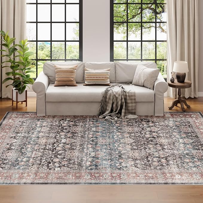 Dripex Vintage Washable Area Rug - 5x8 Distressed Rugs for Living Room Bedroom Oriental Medallion Floral Print Carpet Low-Pile Indoor Soft Non-Slip Accent Rug Farmhouse Office Home Decor