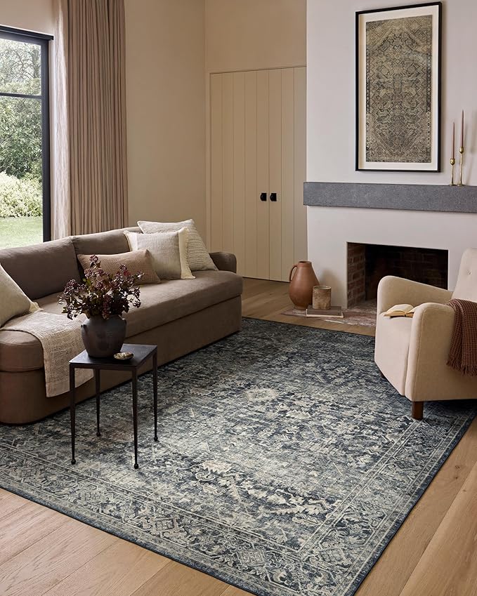 Loloi Amber Lewis Josie Collection JOS-01 Ocean/Natural 2'-6" x 12'-0", .13" Pile Height, Low Profile, Machine Washable, Runner Rug