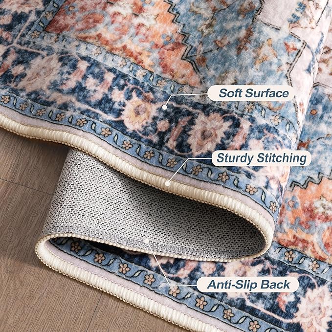Tangsoo 2x5 Washable Runner Rug for Hallways, Non Slip Vintage Runner Rug, Soft Low Pile Long Print Distressed Blue/Orange for Kitchen Bedroom Entryway Bathroom Living Room