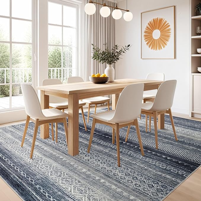Nakagishi Area Rug Living Room Rugs: 7x9 Machine Washable Boho Large Neutral Farmhouse Stain Resistant Moroccan Indoor Floor Carpet for Bedroom Nursery Dorm Classroom Dining Room Home-Blue