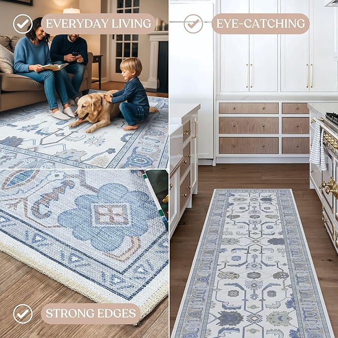 Fame Living Cream Blue Oushak Rug, Modern, Vintage, Turkish, Eclectic, Floral, Pastel, Washable, Extra Large Area Rugs for Living Room, Dining, Bedroom, Lounge, 9'x12'