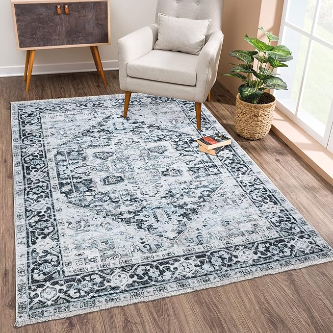 Bloom Rugs Caria Washable Non-Slip 5x7 Rug - Denim Blue Traditional Area Rug for Living Room, Bedroom, Dining Room, and Kitchen - Exact Size: 5' x 7'