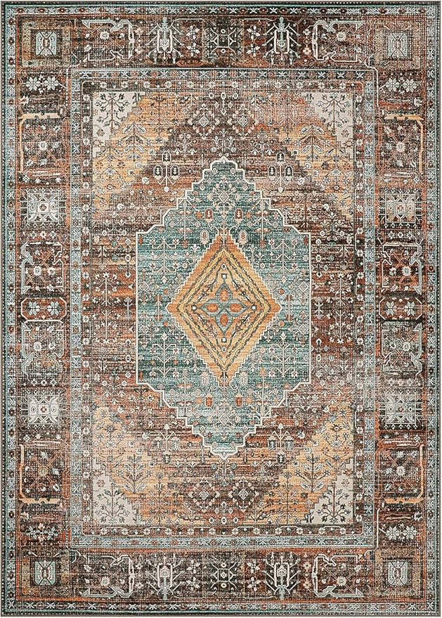 Bavni Washable Rug 3x5 Area Rug for Living Room Bedroom Dining, Washable Print Carpet, Low Pile Lightweight Rug with Non Slip Backing, Vintage Brown/Blue