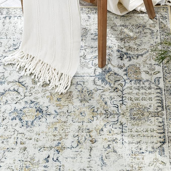 jinchan Kalen Runner Rug 3x10 Washable Hallway Rug Vintage Runner Indoor Floor Cover Thin Retro Distressed Floral Country Non Slip Carpet for Entryway Bathroom Bedroom Living Room Stairway Blue