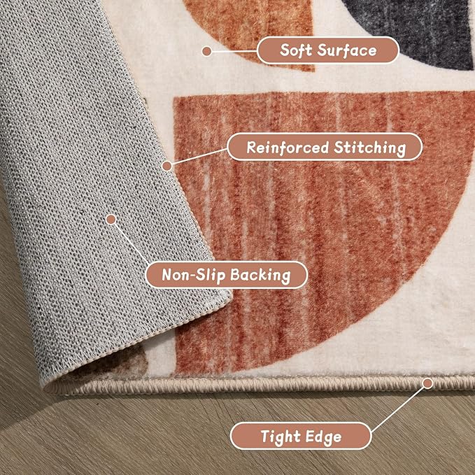 MUJOO 3x5 Rug Washable,Boho Area Rugs for Bedroom Entryway Living Room Bedside,Small Throw Floor Carpet Non Slip Soft Indoor Modern Abstract Bohemian Terracotta
