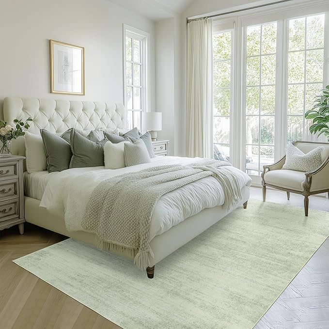 Sage Green 9x12 Area Rug Living Room Minimalist Modern Abstract Style Extra Large Rugs for Office Dining Room Table Light Green Low Pile Floor Covering Carpet with Non Slip Washable