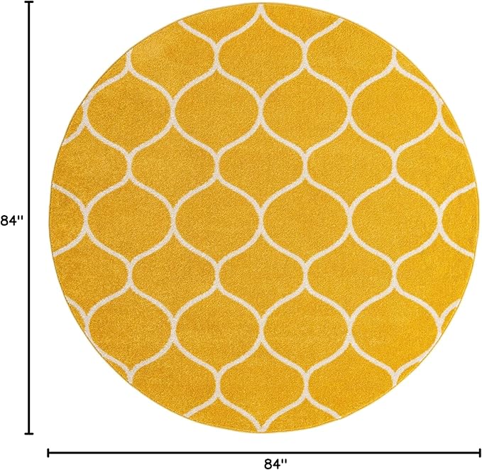 Rugs.com Lattice Frieze Collection Rug – 7' Round Yellow Medium Rug Perfect for Kitchens, Dining Rooms