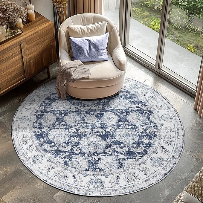 jinchan Fiora Round Rug 4ft Area Rugs Vintage Floral Distressed Design - Machine Washable Non-Slip Low-Pile Ultra-Thin Circle Rug for Entryway Bedside Living Room Bedroom (4' Round, Dark Blue)