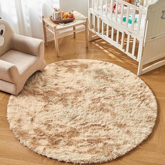Andency Tie-Dyed Beige Round Area Rug for Living Room, 5x5 ft Shag Rug for Bedroom, Fluffy Circle Carpet for Home Decor, Room, Fuzzy Plush Circular Rug for Dorm Playroom