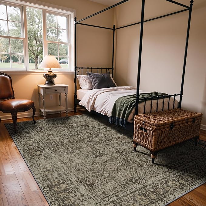 5x7 Area Rug Machine Washable Boho Rug for Living Room,Ultra-Thin Low Pile Carpet,Lightweight Indoor Printed Rug,Non Slip Floral Area Rug for Bedroom, Dining Room, Home Office,Vintage Sage Green