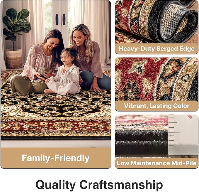 Well Woven Barclay Collection Medallion Kashan Black 6x9 Area Rug - for Living Room, Bedroom, and Dining Room