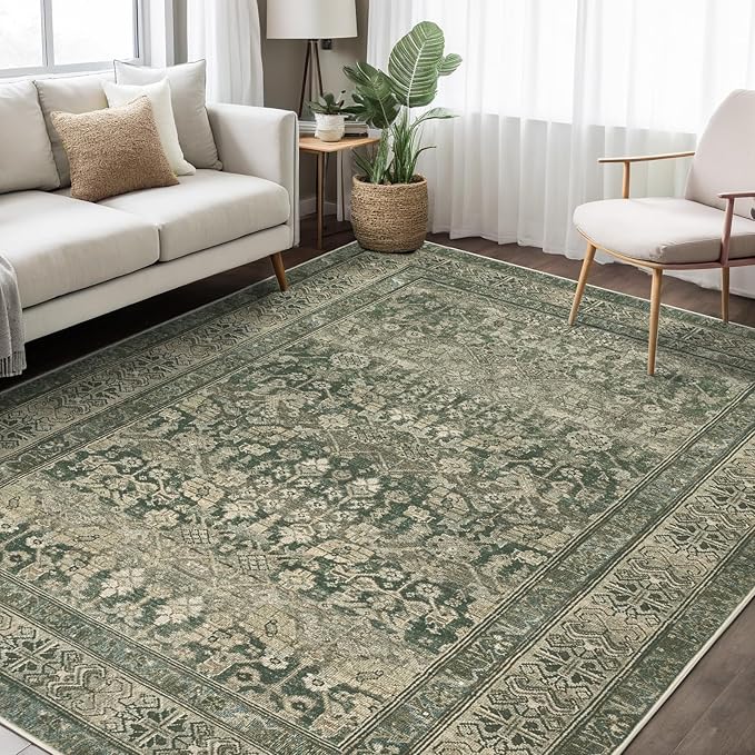 Vintage Washable Area Rug for Living Room,Low Pile 8x10 Non Slip Carpet Non-Shedding Area Rug Soft Indoor Stain Resistant Rug Floral Print Mat for Bedroom Dining Room Green