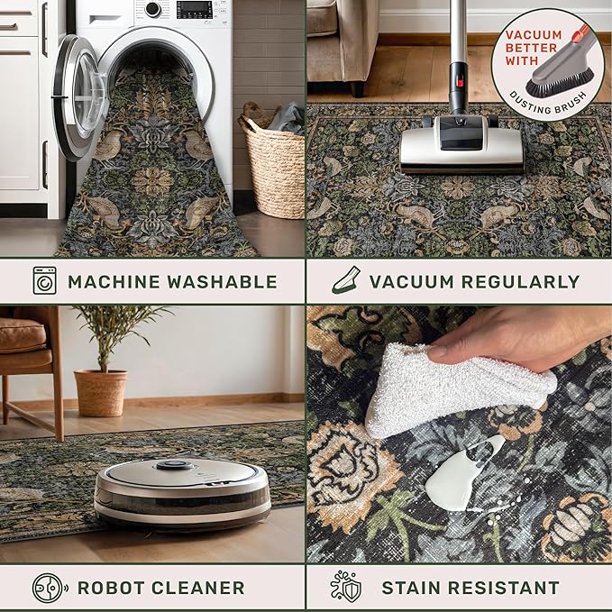 Vintage 9x12 Dining Room Rugs for Under Table - Dark Botanical & Bird Patterned Rugs for Living Room, Bedroom Under Bed, Traditional Cottage Brown and Green Décor, Washable Non Slip Folable Carpet